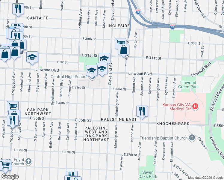 map of restaurants, bars, coffee shops, grocery stores, and more near 3301 Cleveland Avenue in Kansas City