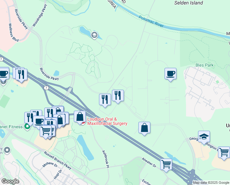 map of restaurants, bars, coffee shops, grocery stores, and more near 44480 Lowestoft Square in Ashburn
