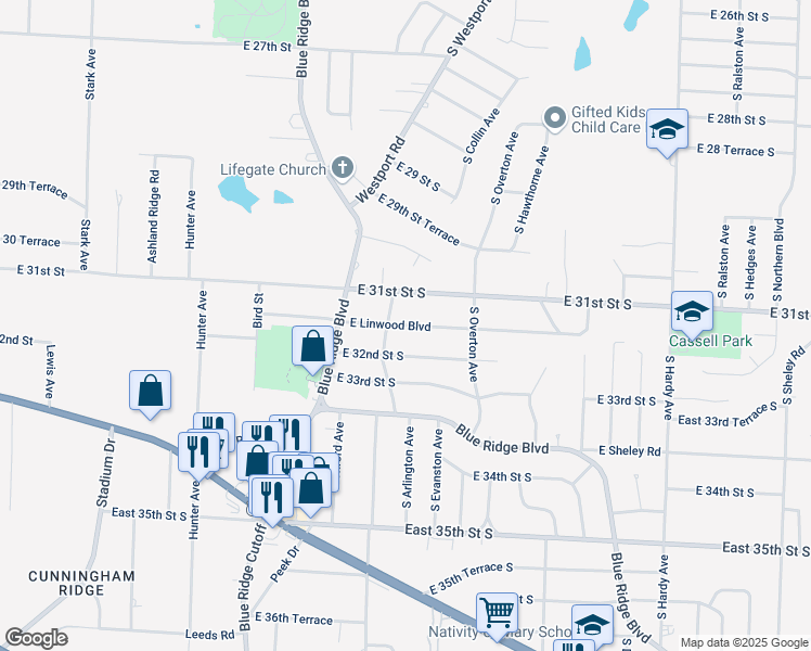 map of restaurants, bars, coffee shops, grocery stores, and more near 9621 E Linwood Blvd in Independence