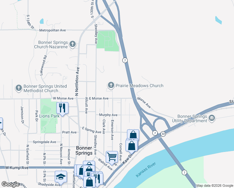 map of restaurants, bars, coffee shops, grocery stores, and more near 420 Emerson Avenue in Bonner Springs