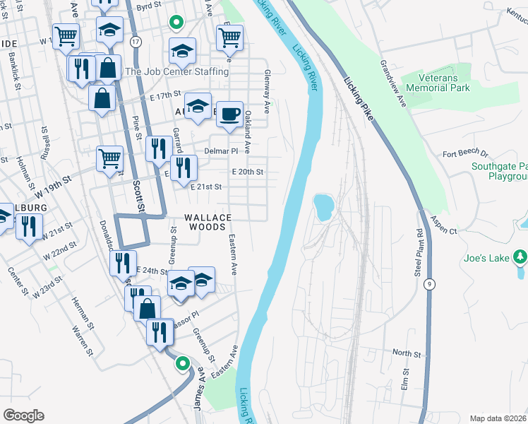 map of restaurants, bars, coffee shops, grocery stores, and more near 619 Durrett Street in Covington