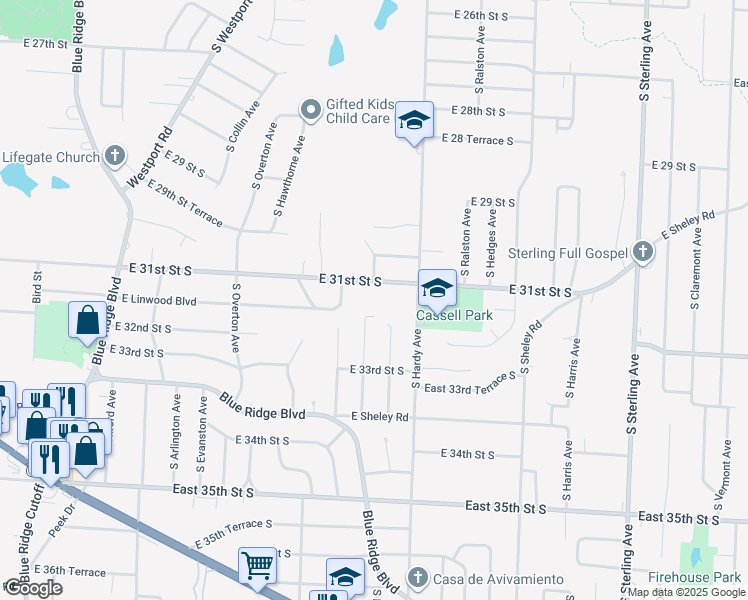 map of restaurants, bars, coffee shops, grocery stores, and more near 10115 East 31st Street South in Independence