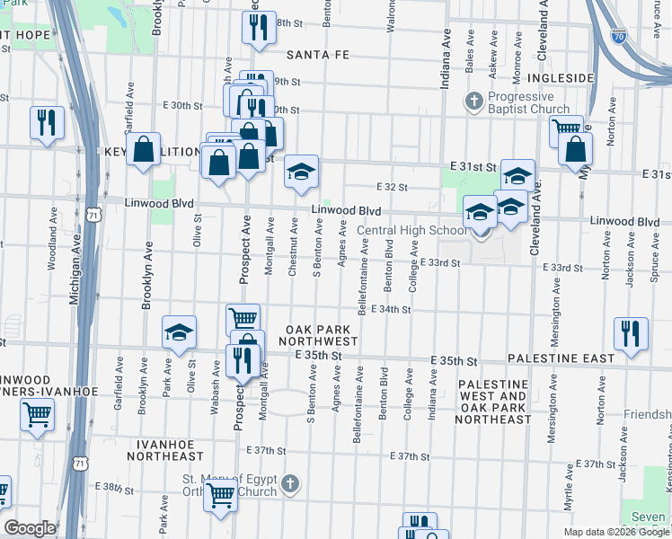 map of restaurants, bars, coffee shops, grocery stores, and more near 3301 Agnes Avenue in Kansas City