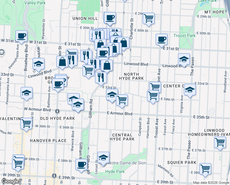 map of restaurants, bars, coffee shops, grocery stores, and more near 3306 Gillham Road in Kansas City