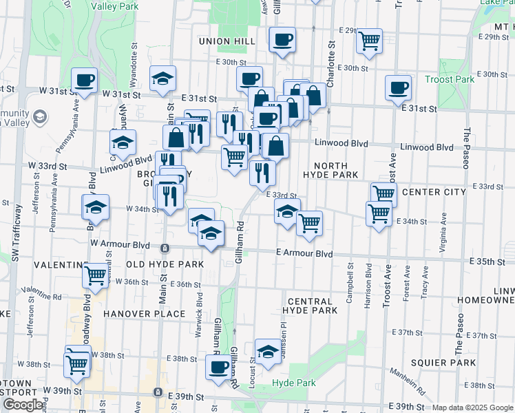 map of restaurants, bars, coffee shops, grocery stores, and more near 411 East 33rd Street in Kansas City