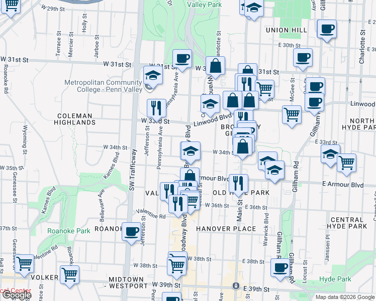 map of restaurants, bars, coffee shops, grocery stores, and more near 3339 Broadway Boulevard in Kansas City