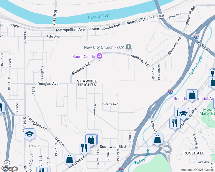 map of restaurants, bars, coffee shops, grocery stores, and more near 1905 South Boeke Street in Kansas City