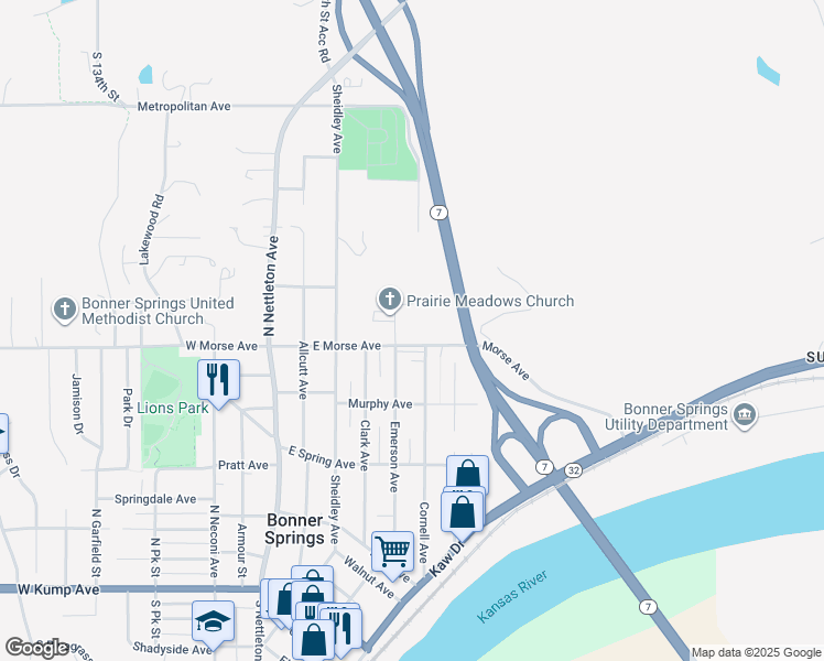map of restaurants, bars, coffee shops, grocery stores, and more near 420 Emerson Avenue in Bonner Springs