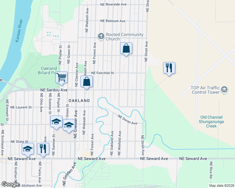 map of restaurants, bars, coffee shops, grocery stores, and more near 745 Northeast Winfield Avenue in Topeka