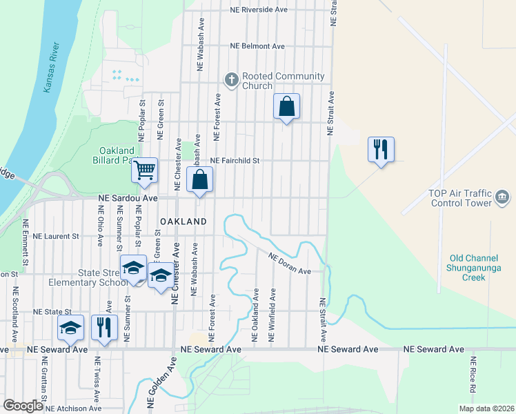 map of restaurants, bars, coffee shops, grocery stores, and more near 745 Northeast Winfield Avenue in Topeka