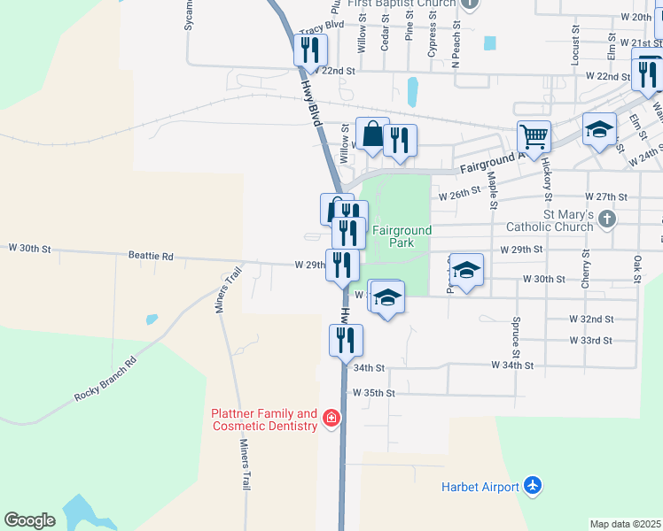 map of restaurants, bars, coffee shops, grocery stores, and more near 1101 West 29th Street in Higginsville
