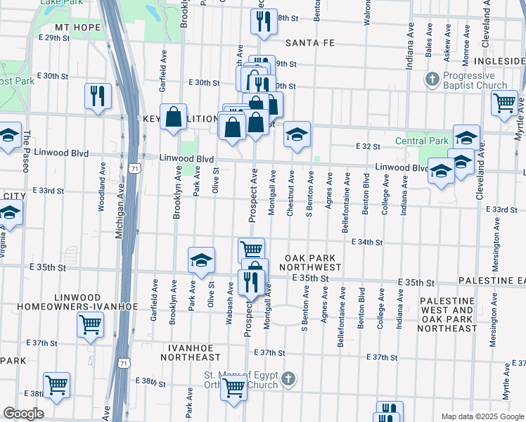 map of restaurants, bars, coffee shops, grocery stores, and more near 2627 East 33rd Street in Kansas City