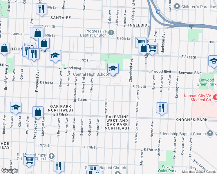 map of restaurants, bars, coffee shops, grocery stores, and more near 3305 Bales Avenue in Kansas City