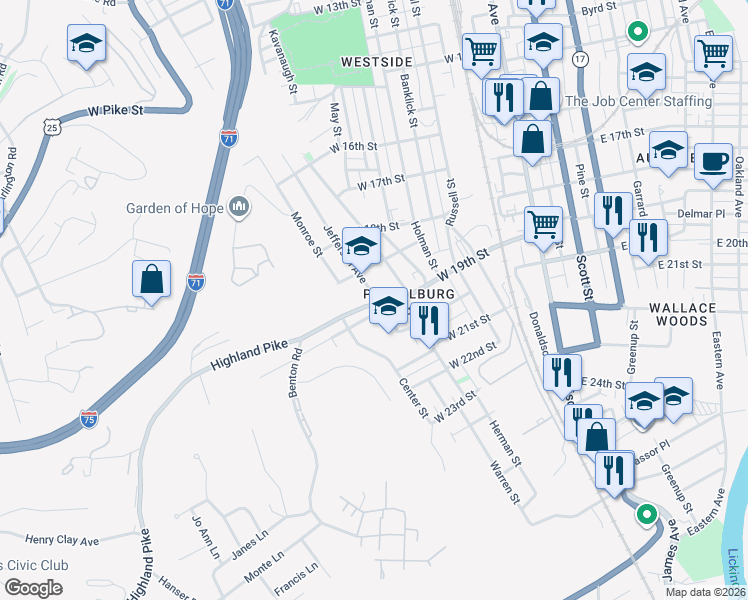 map of restaurants, bars, coffee shops, grocery stores, and more near 1849 Jefferson Avenue in Covington