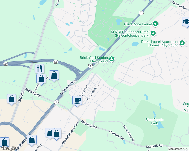 map of restaurants, bars, coffee shops, grocery stores, and more near 12910 Brickyard Boulevard in Beltsville