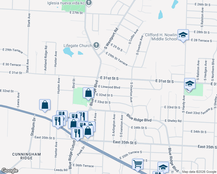 map of restaurants, bars, coffee shops, grocery stores, and more near 9600 East Linwood Boulevard in Independence