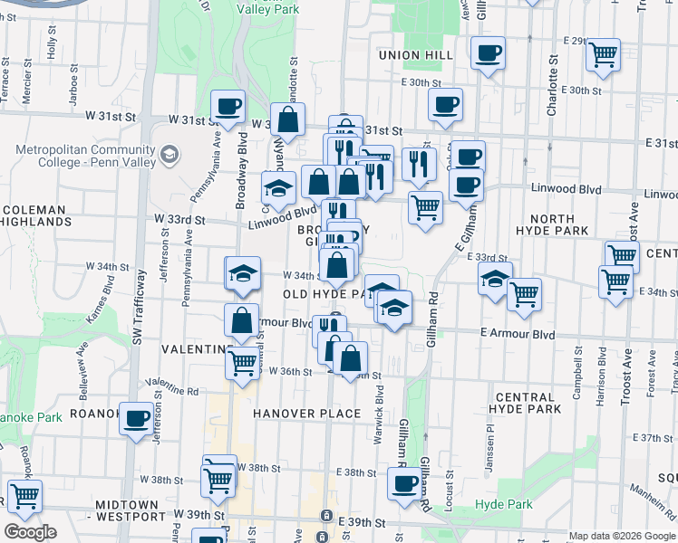 map of restaurants, bars, coffee shops, grocery stores, and more near 23 E 34 St in Kansas City