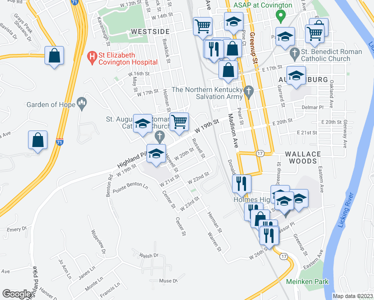 map of restaurants, bars, coffee shops, grocery stores, and more near 220 West 20th Street in Covington
