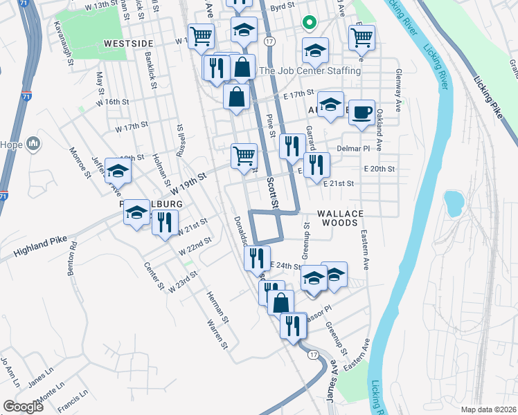 map of restaurants, bars, coffee shops, grocery stores, and more near 14 Wallace Avenue in Covington