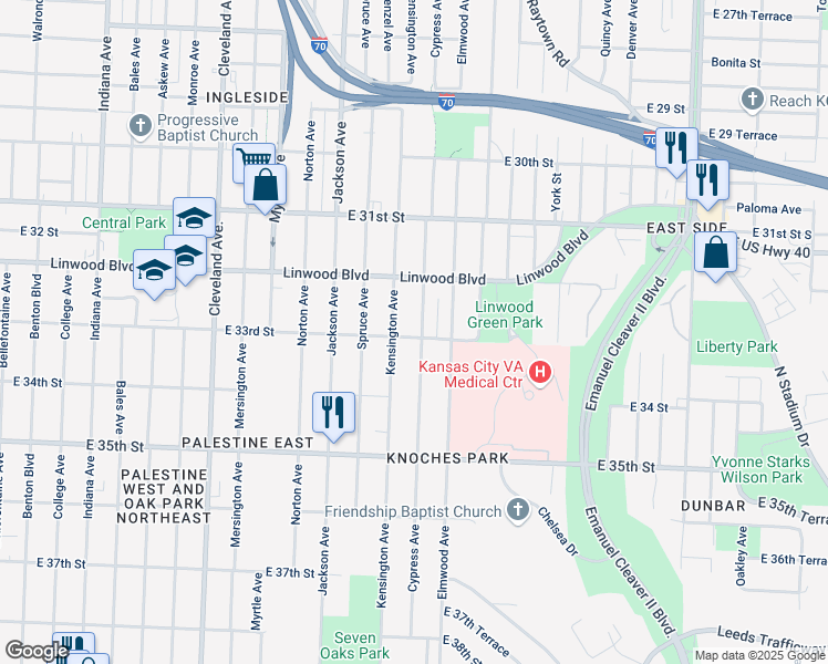 map of restaurants, bars, coffee shops, grocery stores, and more near 3234 Cypress Avenue in Kansas City