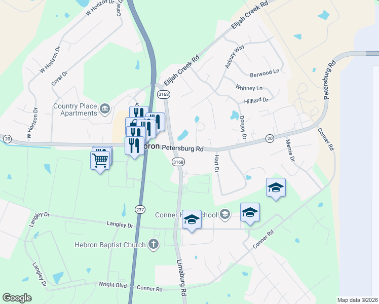 map of restaurants, bars, coffee shops, grocery stores, and more near 1890 Petersburg Road in Hebron