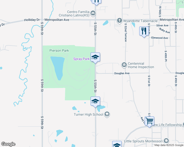 map of restaurants, bars, coffee shops, grocery stores, and more near 1800 South 55th Street in Kansas City