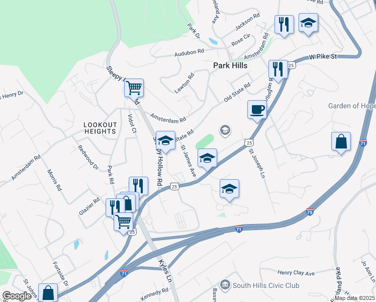 map of restaurants, bars, coffee shops, grocery stores, and more near 832 Saint James Avenue in Park Hills