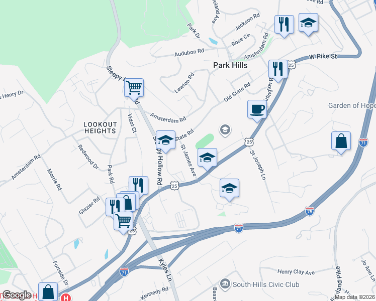 map of restaurants, bars, coffee shops, grocery stores, and more near 832 Saint James Avenue in Park Hills