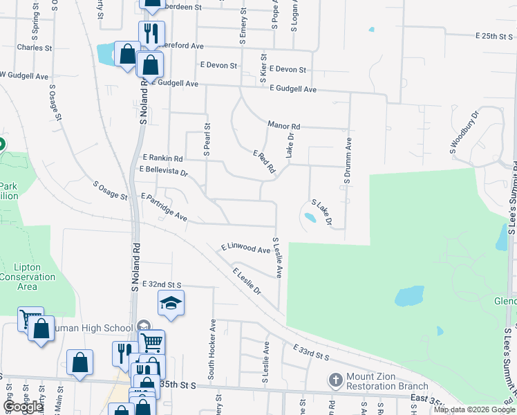 map of restaurants, bars, coffee shops, grocery stores, and more near 619 East Bellevista Drive in Independence