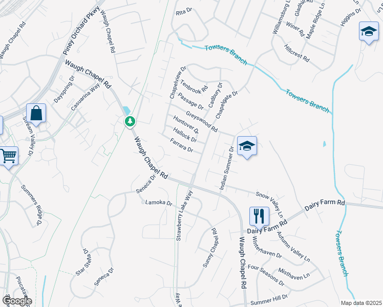 map of restaurants, bars, coffee shops, grocery stores, and more near 1307 Farrara Drive in Odenton