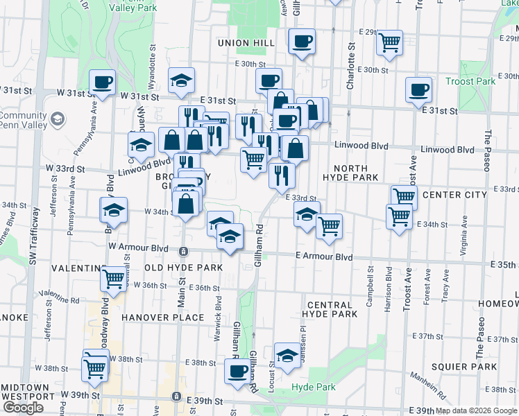 map of restaurants, bars, coffee shops, grocery stores, and more near 308-310 East 34th Street in Kansas City