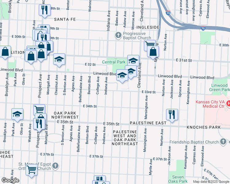 map of restaurants, bars, coffee shops, grocery stores, and more near 3301 Bales Avenue in Kansas City