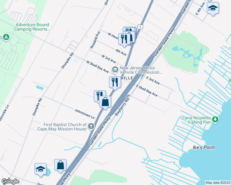 map of restaurants, bars, coffee shops, grocery stores, and more near 1008 South Route 9 in Middle Township