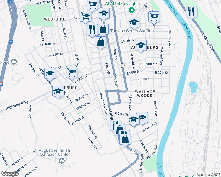 map of restaurants, bars, coffee shops, grocery stores, and more near 2020 Madison Avenue in Covington