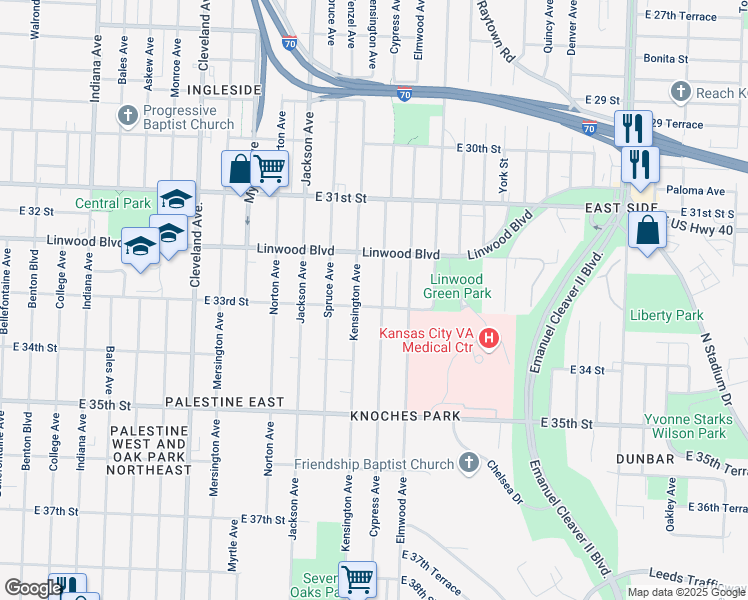 map of restaurants, bars, coffee shops, grocery stores, and more near 3234 Cypress Avenue in Kansas City