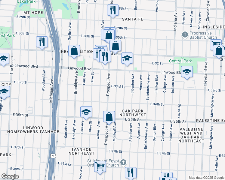 map of restaurants, bars, coffee shops, grocery stores, and more near 2627 East 33rd Street in Kansas City
