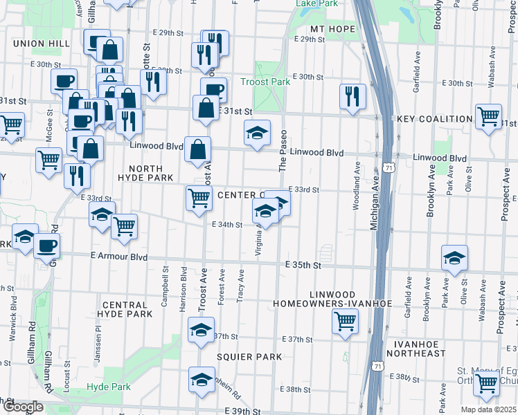 map of restaurants, bars, coffee shops, grocery stores, and more near 3321 Tracy Avenue in Kansas City
