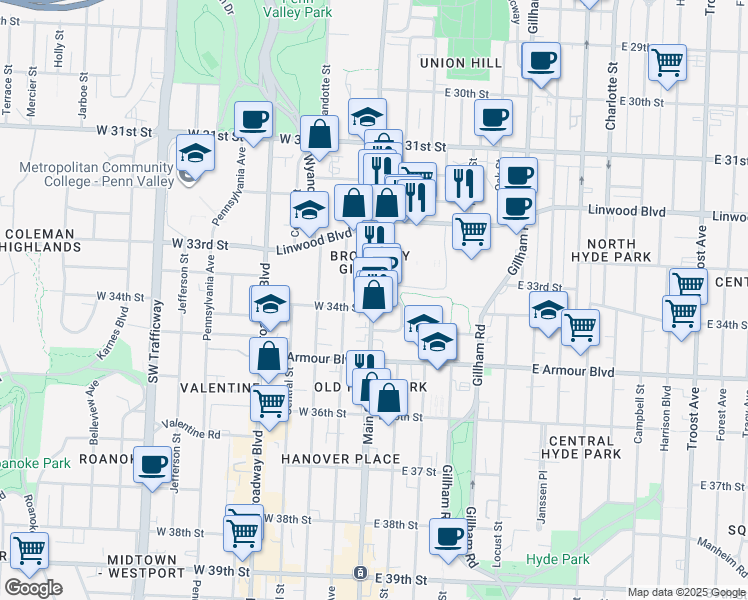 map of restaurants, bars, coffee shops, grocery stores, and more near 3306 Main Street in Kansas City