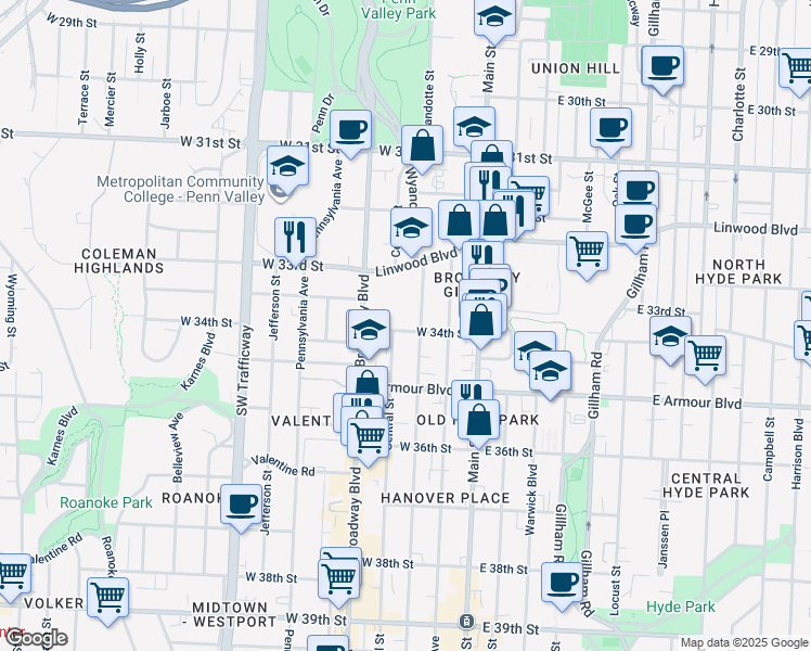 map of restaurants, bars, coffee shops, grocery stores, and more near 206 West 34th Street in Kansas City