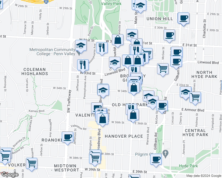 map of restaurants, bars, coffee shops, grocery stores, and more near 208 West 34th Street in Kansas City
