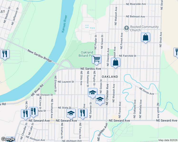 map of restaurants, bars, coffee shops, grocery stores, and more near 743 NE Sumner St in Topeka