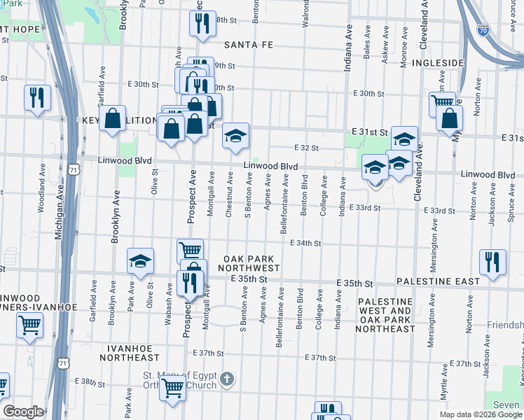 map of restaurants, bars, coffee shops, grocery stores, and more near 3301 Agnes Avenue in Kansas City
