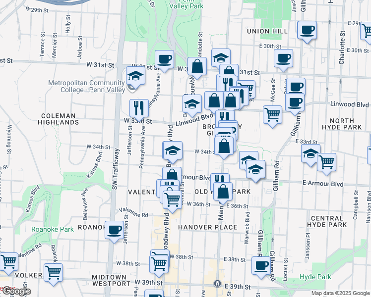 map of restaurants, bars, coffee shops, grocery stores, and more near 206 West 34th Street in Kansas City