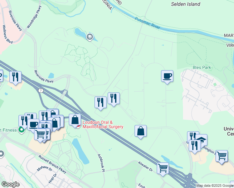 map of restaurants, bars, coffee shops, grocery stores, and more near 44490 Coalport Terrace in Ashburn