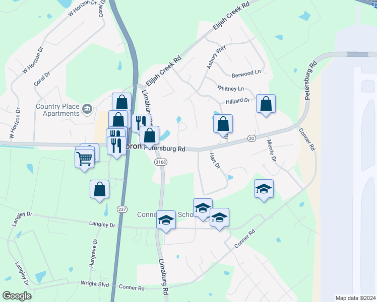 map of restaurants, bars, coffee shops, grocery stores, and more near 1871 Petersburg Road in Hebron
