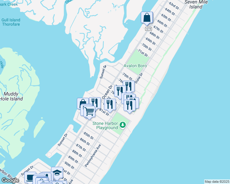 map of restaurants, bars, coffee shops, grocery stores, and more near 250 77th Street in Avalon