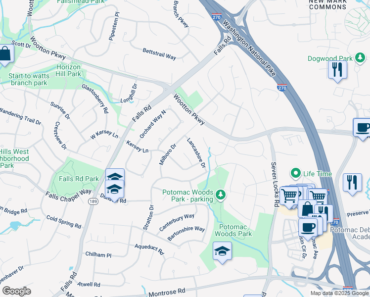 map of restaurants, bars, coffee shops, grocery stores, and more near 5 Harrowgate Court in Rockville