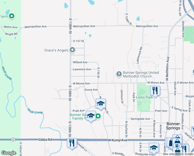 map of restaurants, bars, coffee shops, grocery stores, and more near 13601 Martin Luther King Junior Avenue in Bonner Springs