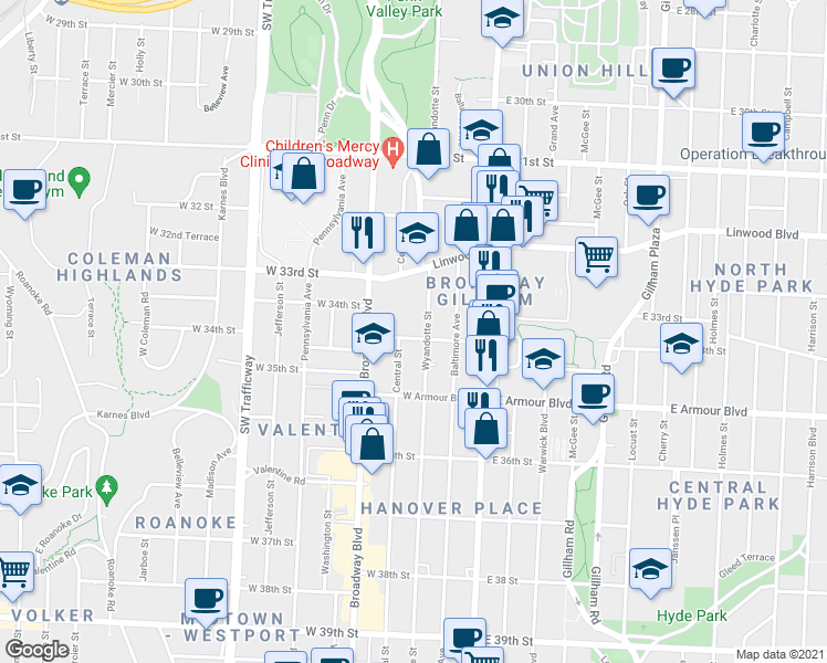 map of restaurants, bars, coffee shops, grocery stores, and more near 208 West 34th Street in Kansas City