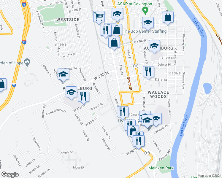 map of restaurants, bars, coffee shops, grocery stores, and more near 2029 Donaldson Avenue in Covington